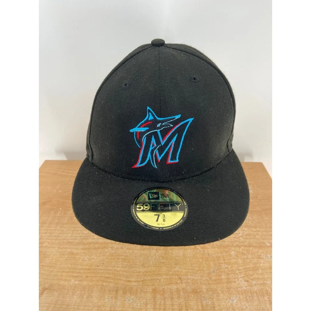 New Era 59FIFTY Miami Marlins MLB Fitted Hat Black Blue Size 7 3/8 Baseball Cap